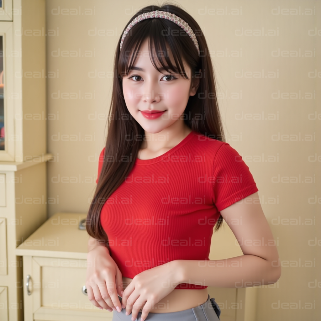"Smiling Woman in Red Top"