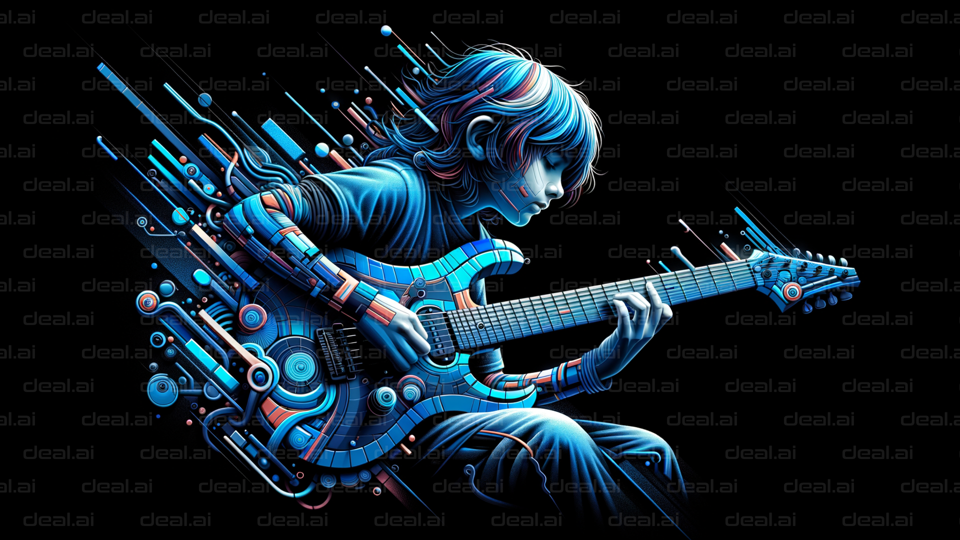 Futuristic Guitarist in Digital Harmony