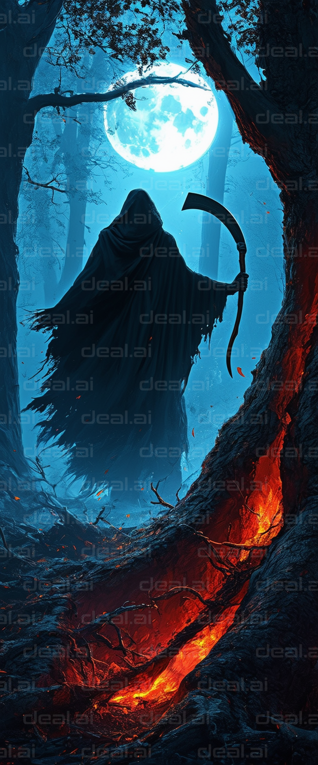 "Grim Reaper in Moonlit Forest"