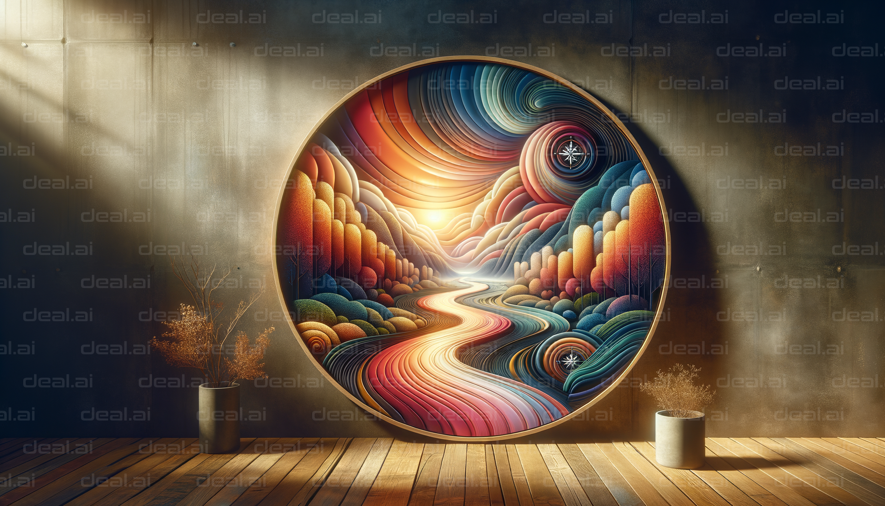 "Colorful River in Circular Frame Art"