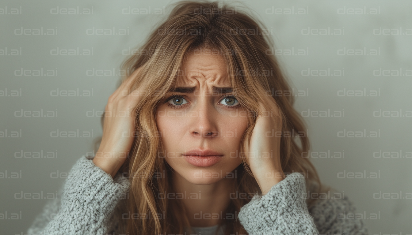 "Stressed Woman Holds Head in Frustration"