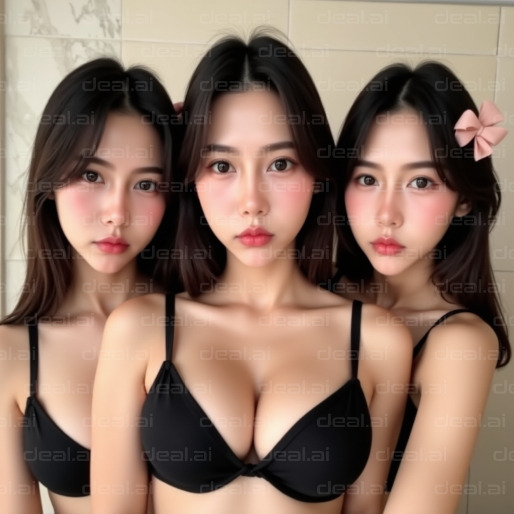 Triplet Portrait in Black Swimsuits