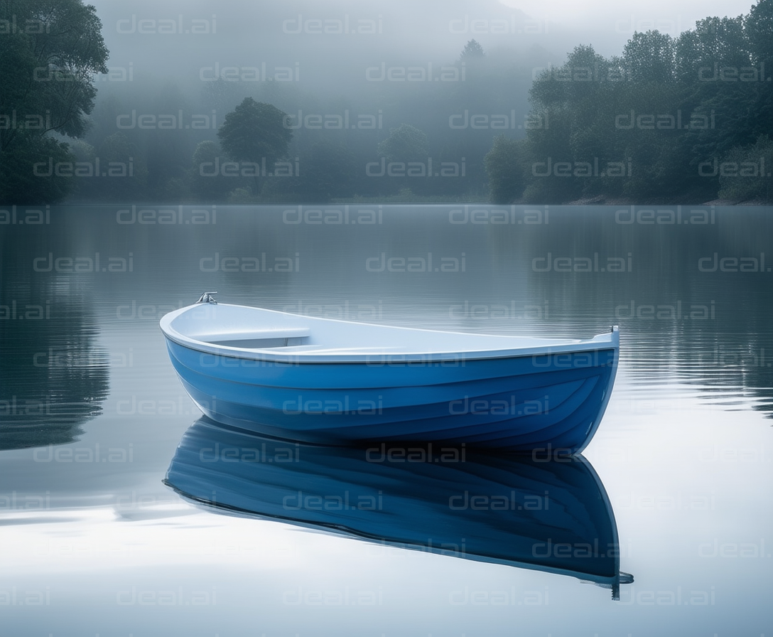 Solitary Blue Boat on a Misty Lake