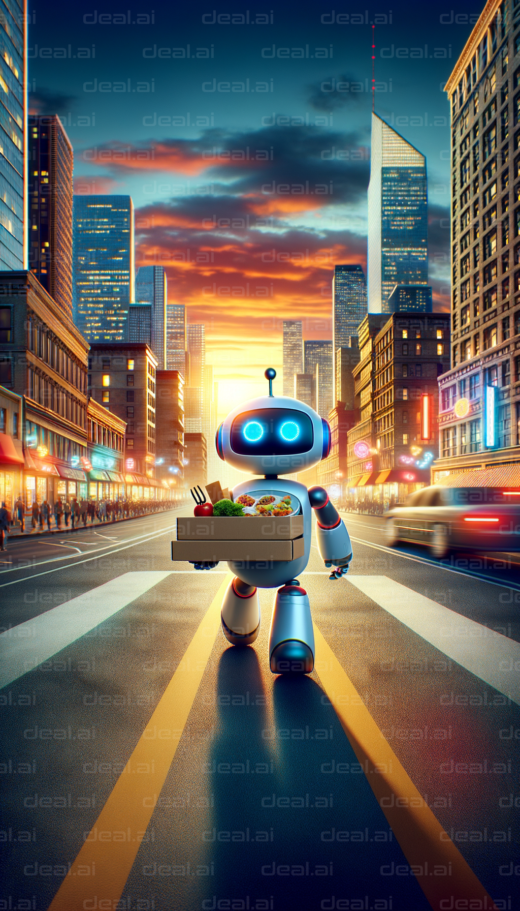 "Robot Delivering Food in City Sunset"