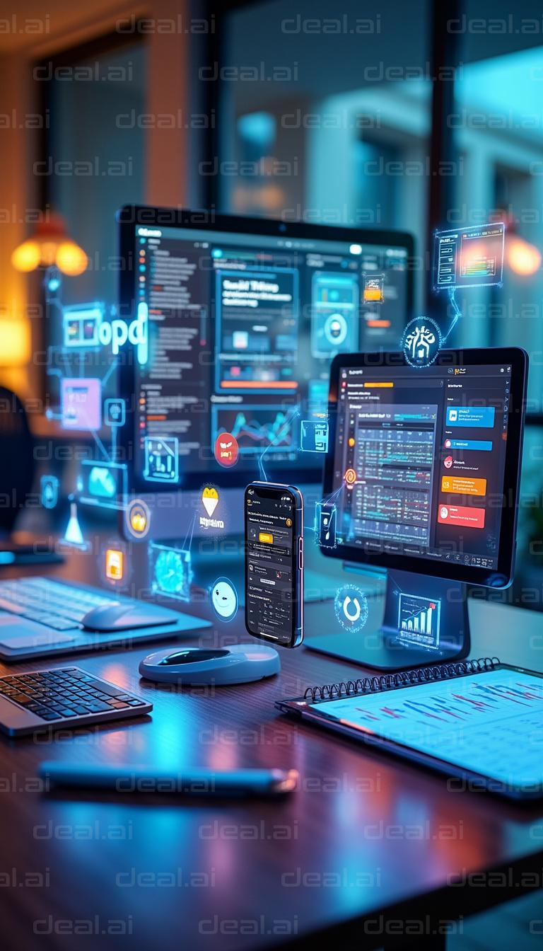 "Futuristic Workspace with Digital Displays"