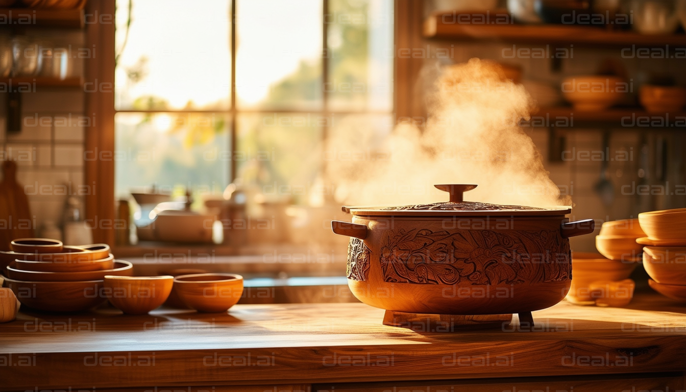 Steaming Pot in Cozy Kitchen at Sunrise