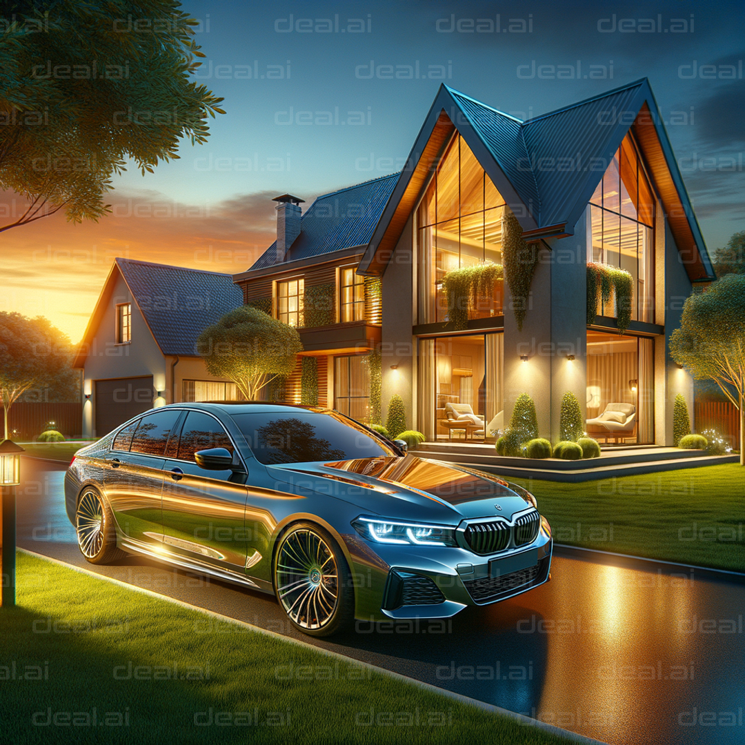 Luxury Car Parked by Modern House at Sunset