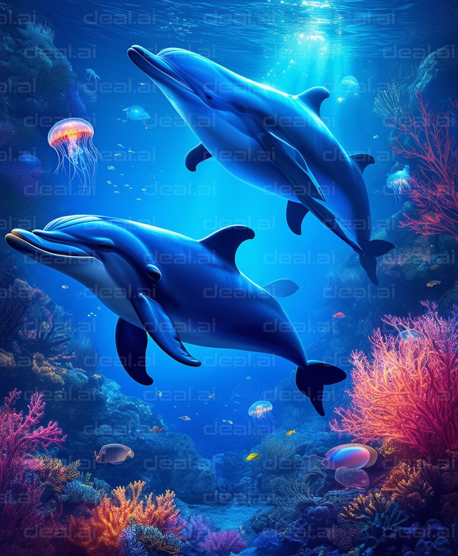 "Dolphins Swimming in Colorful Reef"