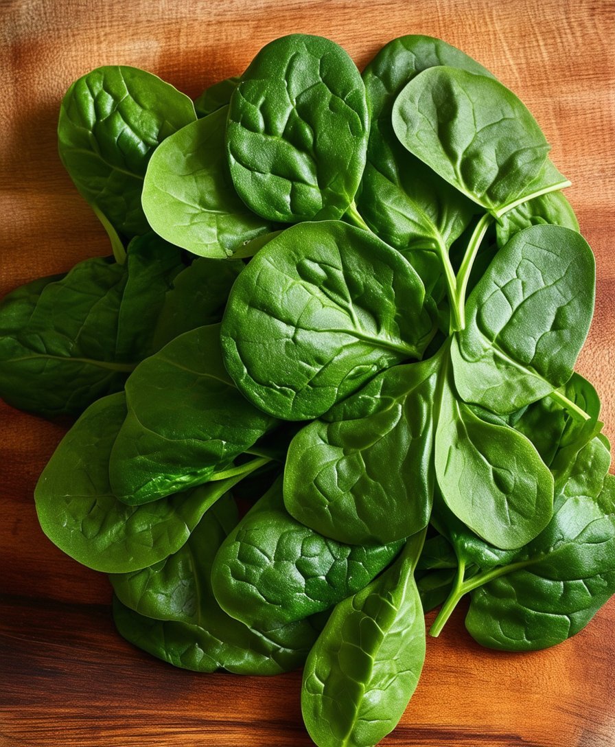 Fresh Spinach Leaves on Wooden Surface