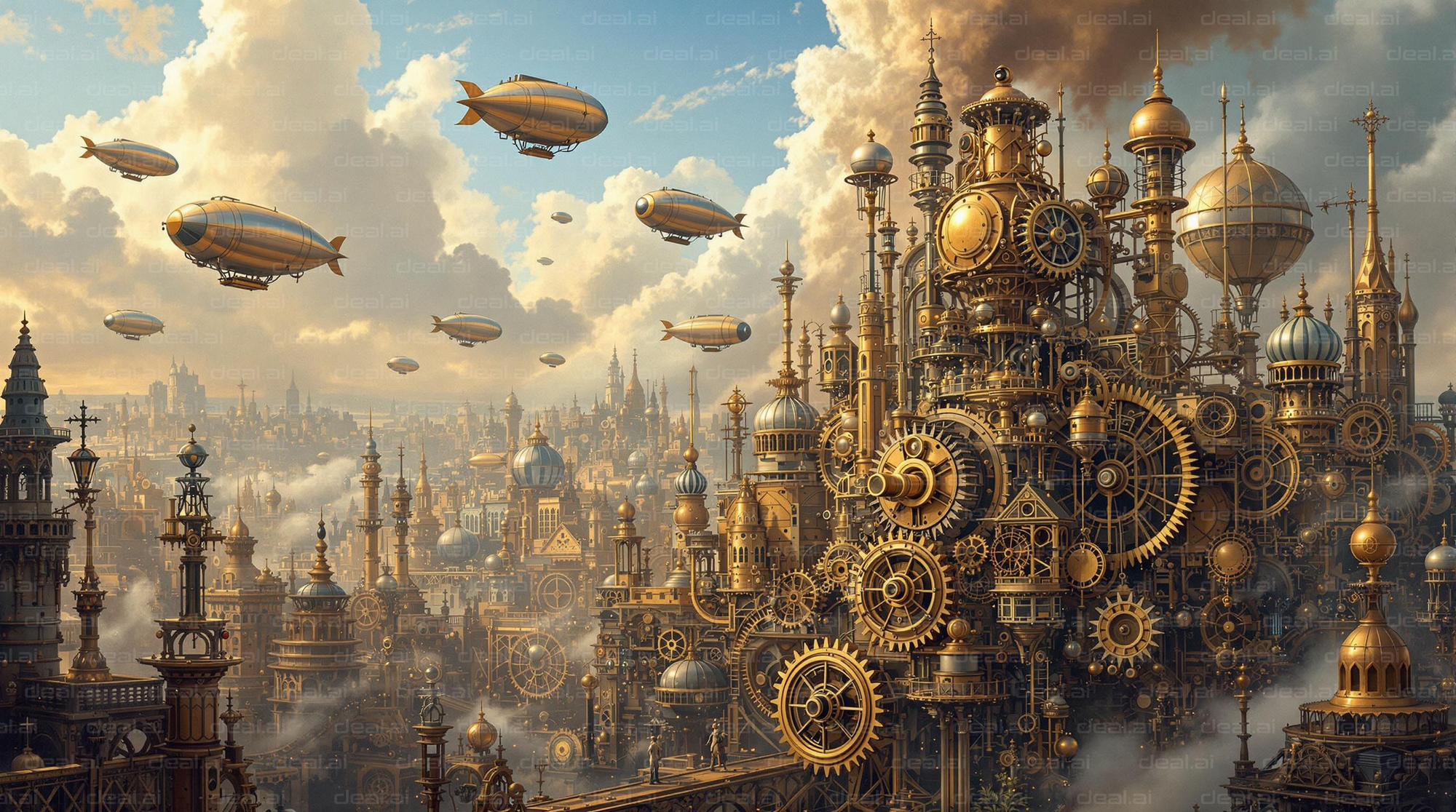 Steampunk Cityscape with Airships