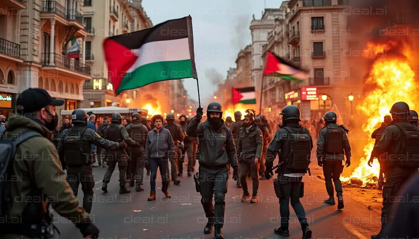 Street Protest with Flags and Fire