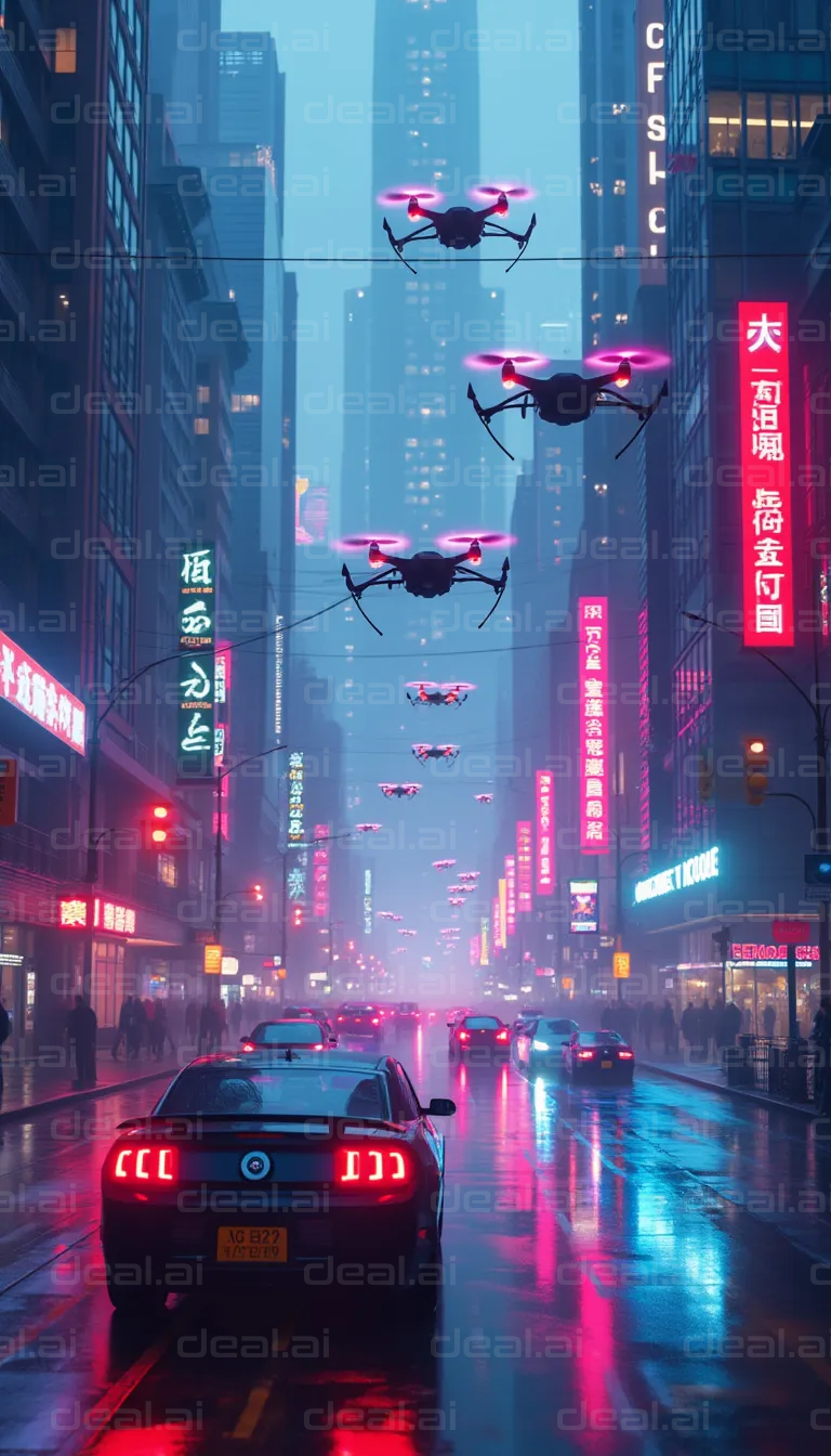 "Futuristic City Street with Drones"