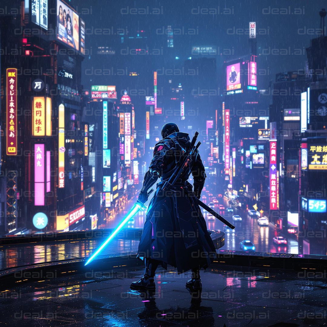 Neon Samurai in the City Rain
