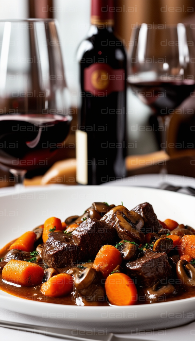 "Elegant Dinner with Red Wine and Stew"