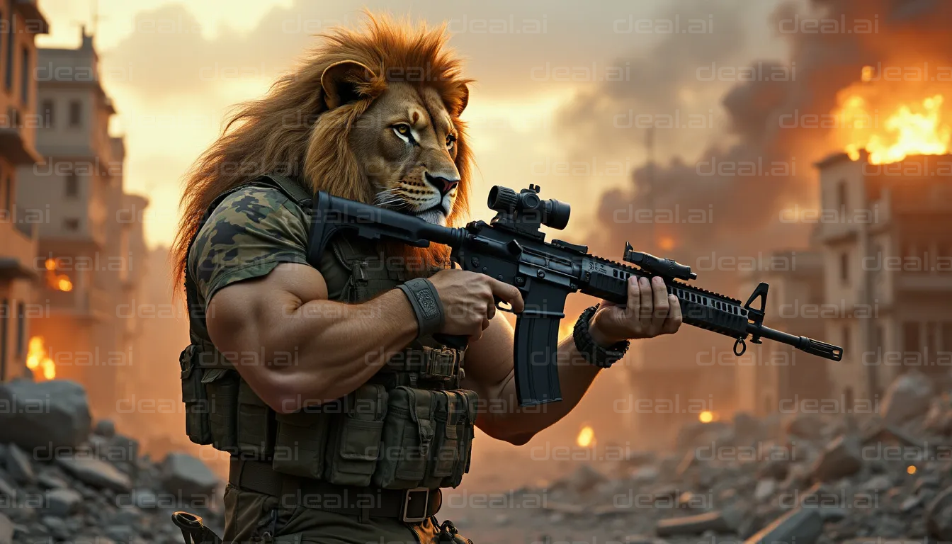 "Armed Lion in Ruined Cityscape"