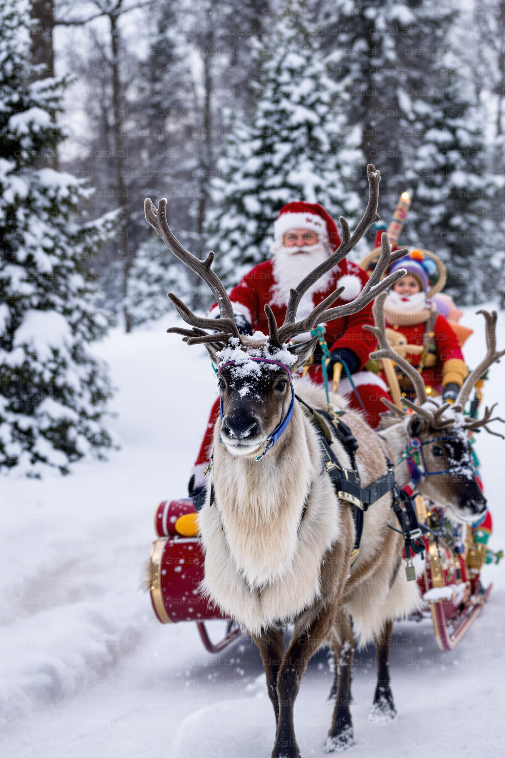 Reindeer Sleigh Ride in Snowy Forest