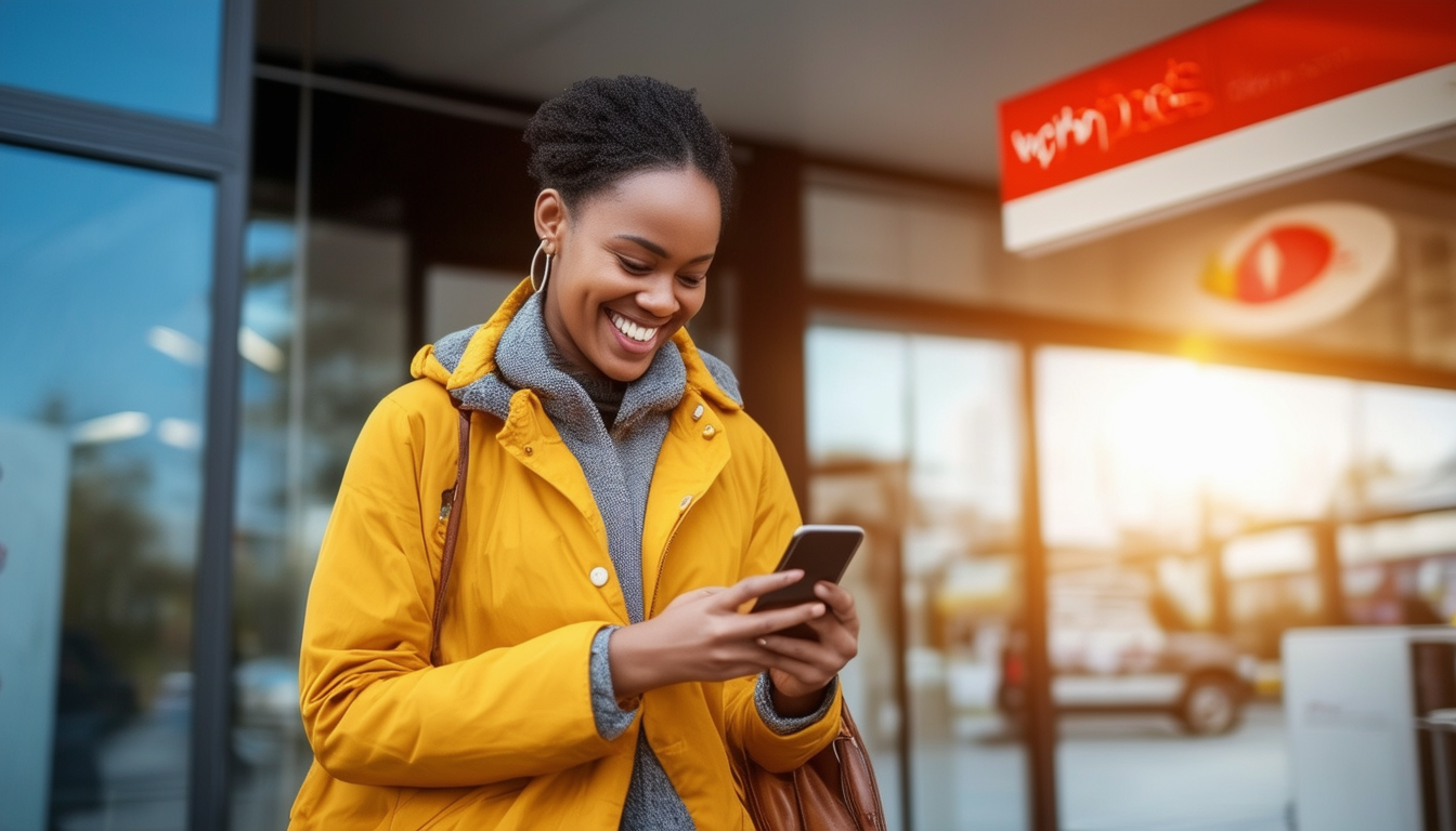 "Smiling Woman Enjoying Phone Outdoors"