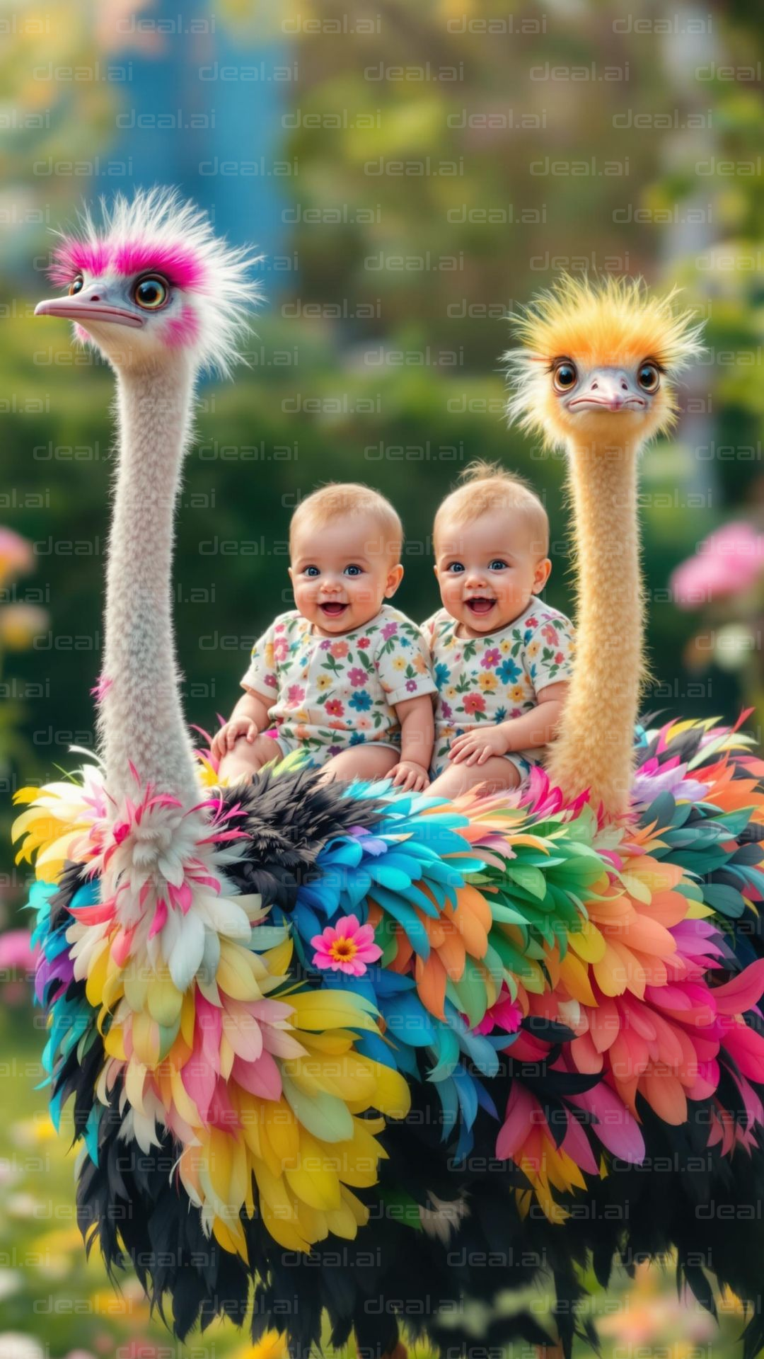 Twins Riding Colorful Ostriches