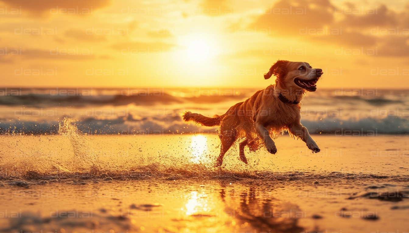 Dog Joyfully Leaping on a Sunset Beach