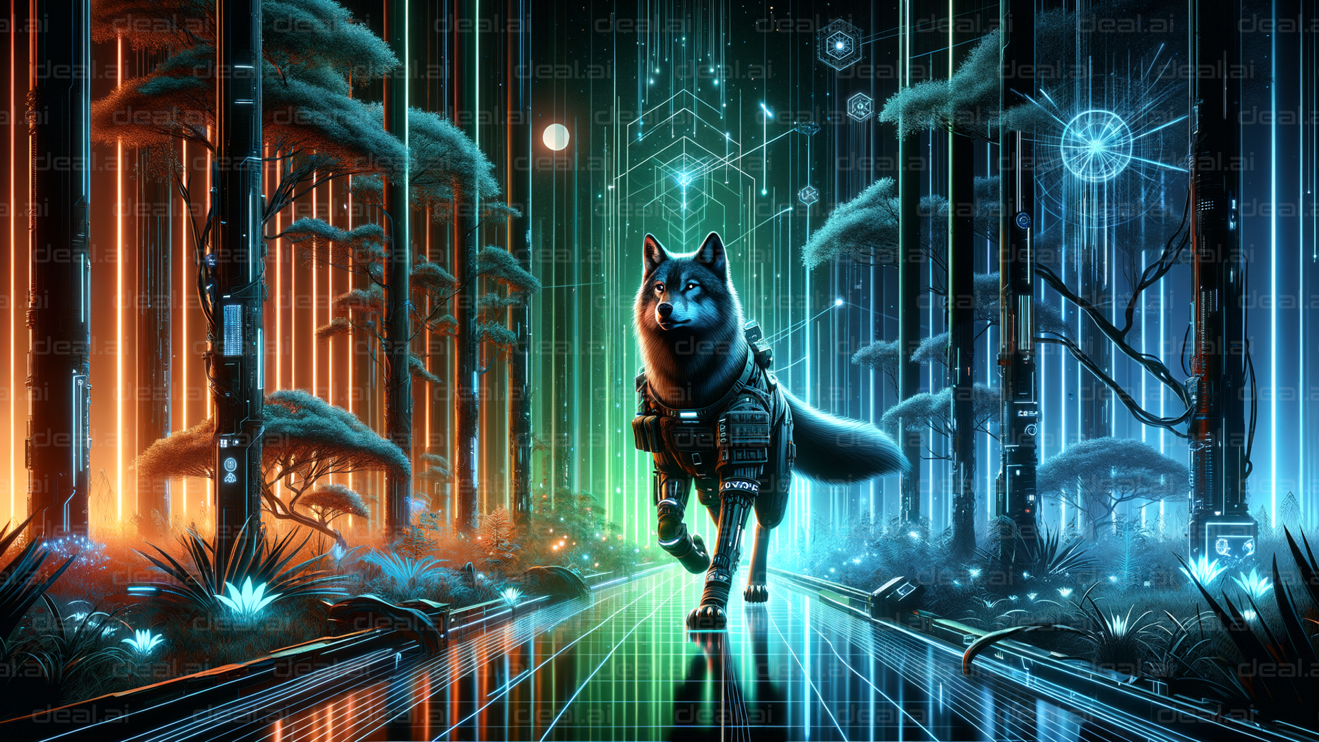 Cyber Canine in Futuristic Forest