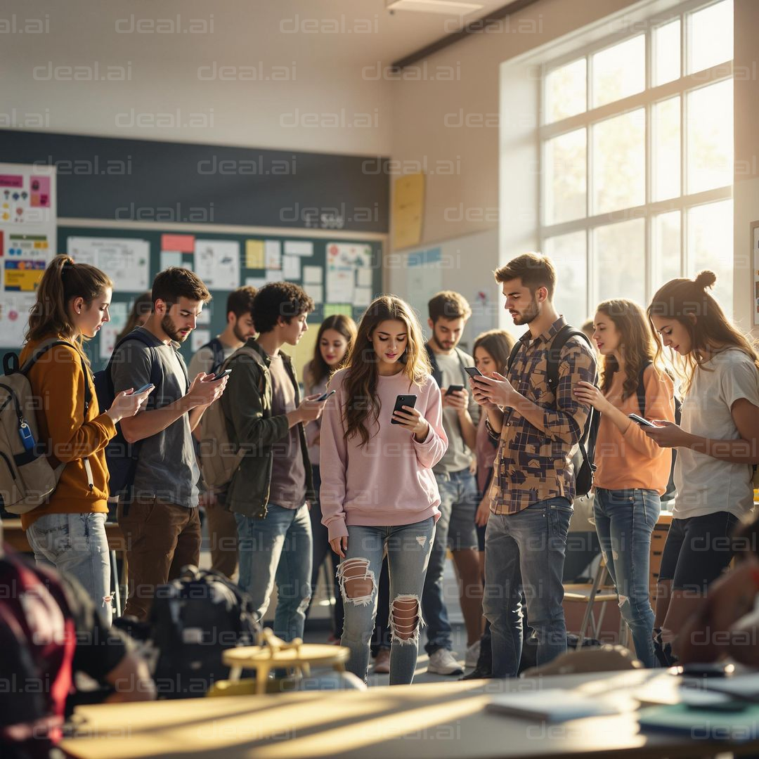 "Students Engrossed in Smartphones"