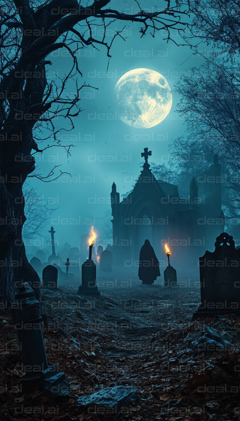 "Haunting Moonlit Graveyard Scene"