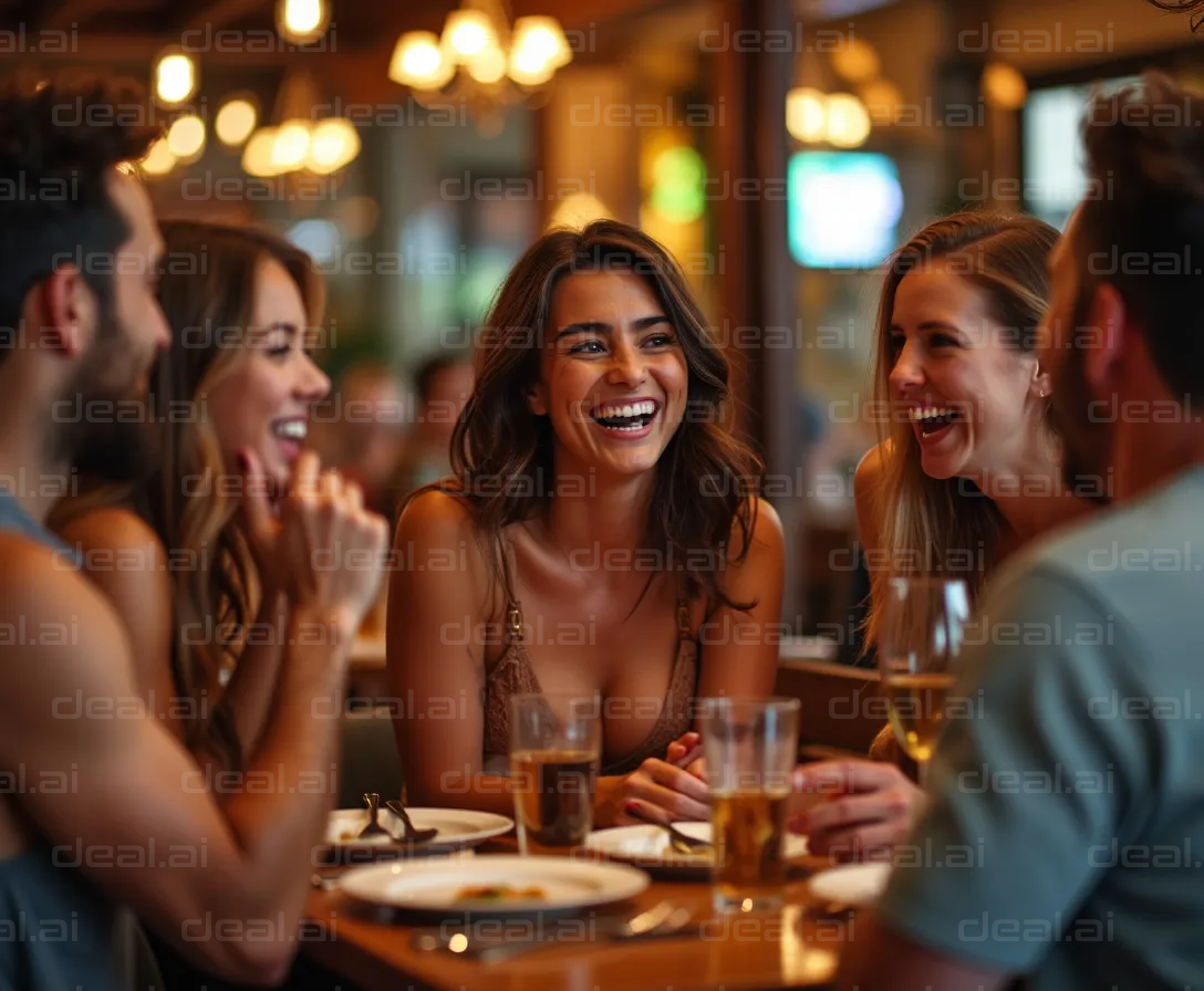Friends Laughing Over Dinner at a Restaurant