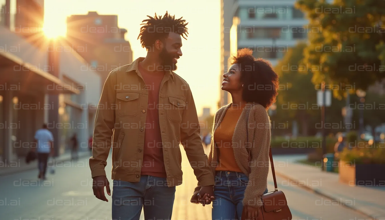 "Happy Couple Strolling in Sunset City"