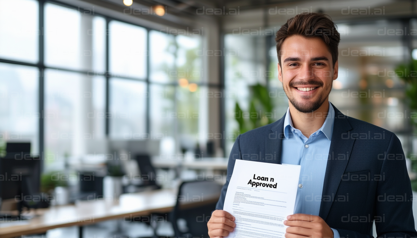 "Smiling Man Holding Approved Loan Document"