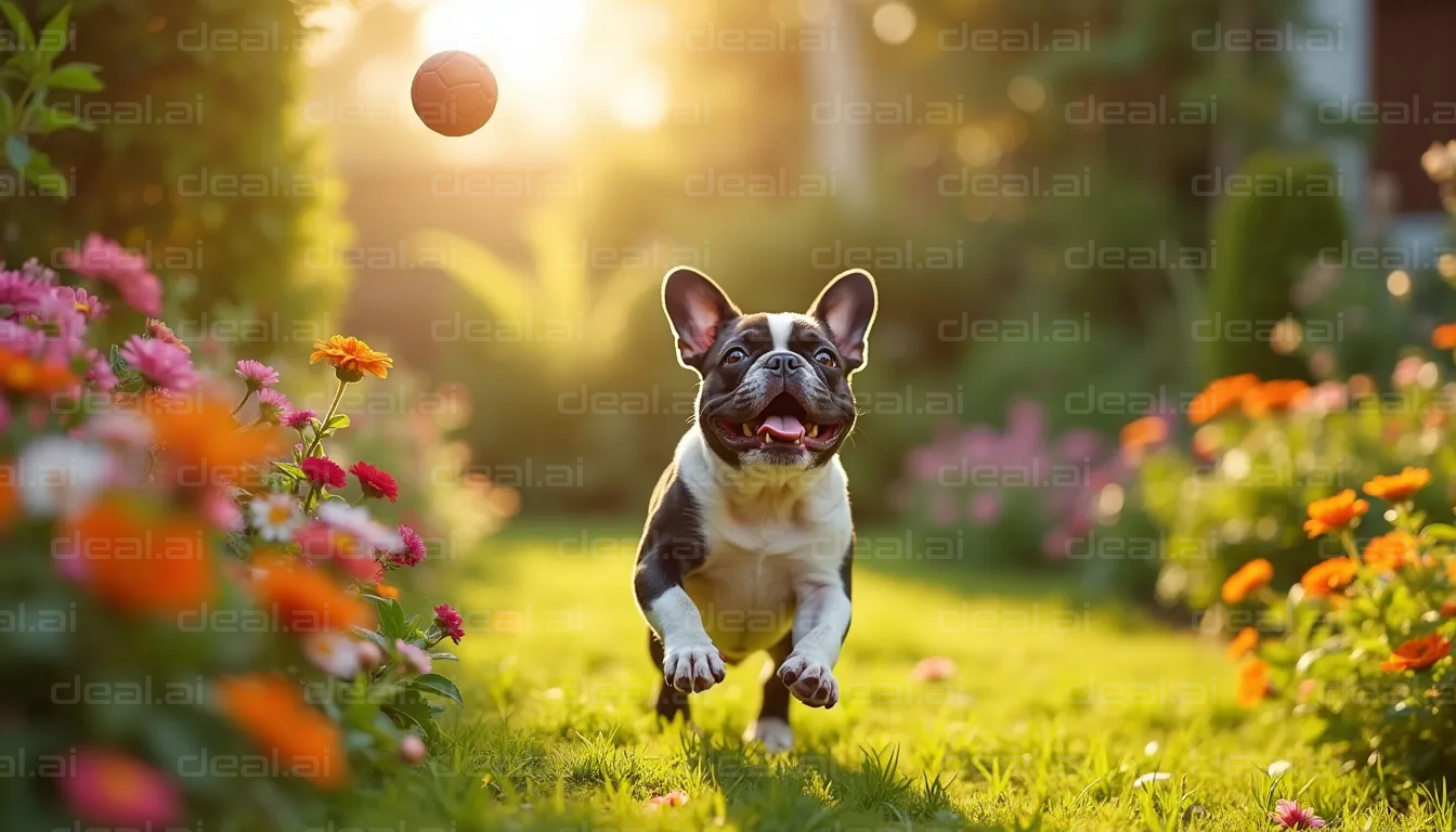 Happy Dog Playing in Flower Garden