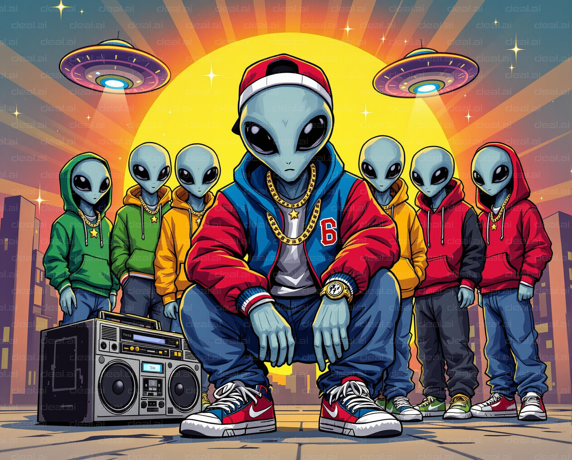 Alien Hip-Hop Crew in the Cityscape