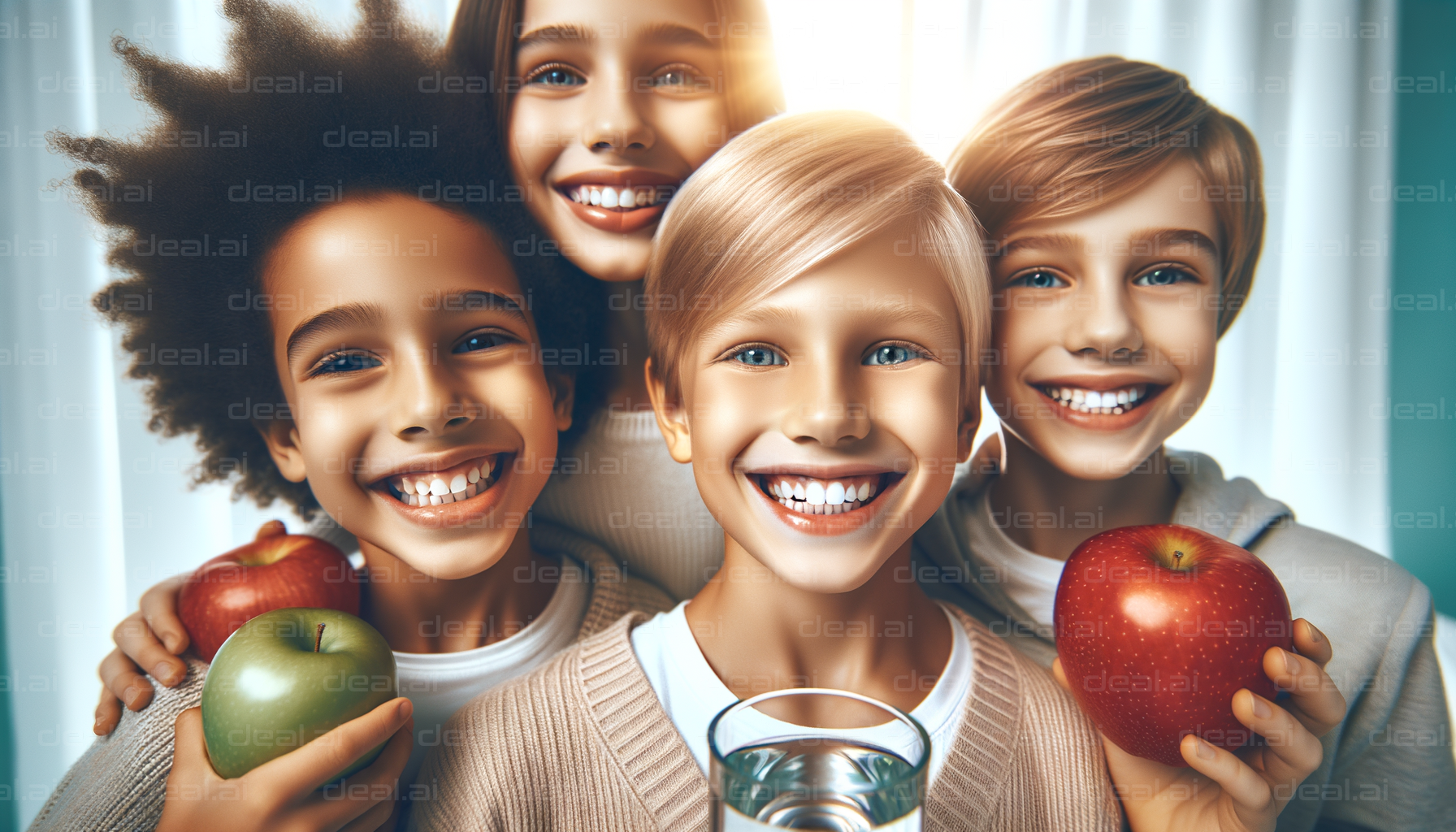 "Smiling Kids with Apples and Water"