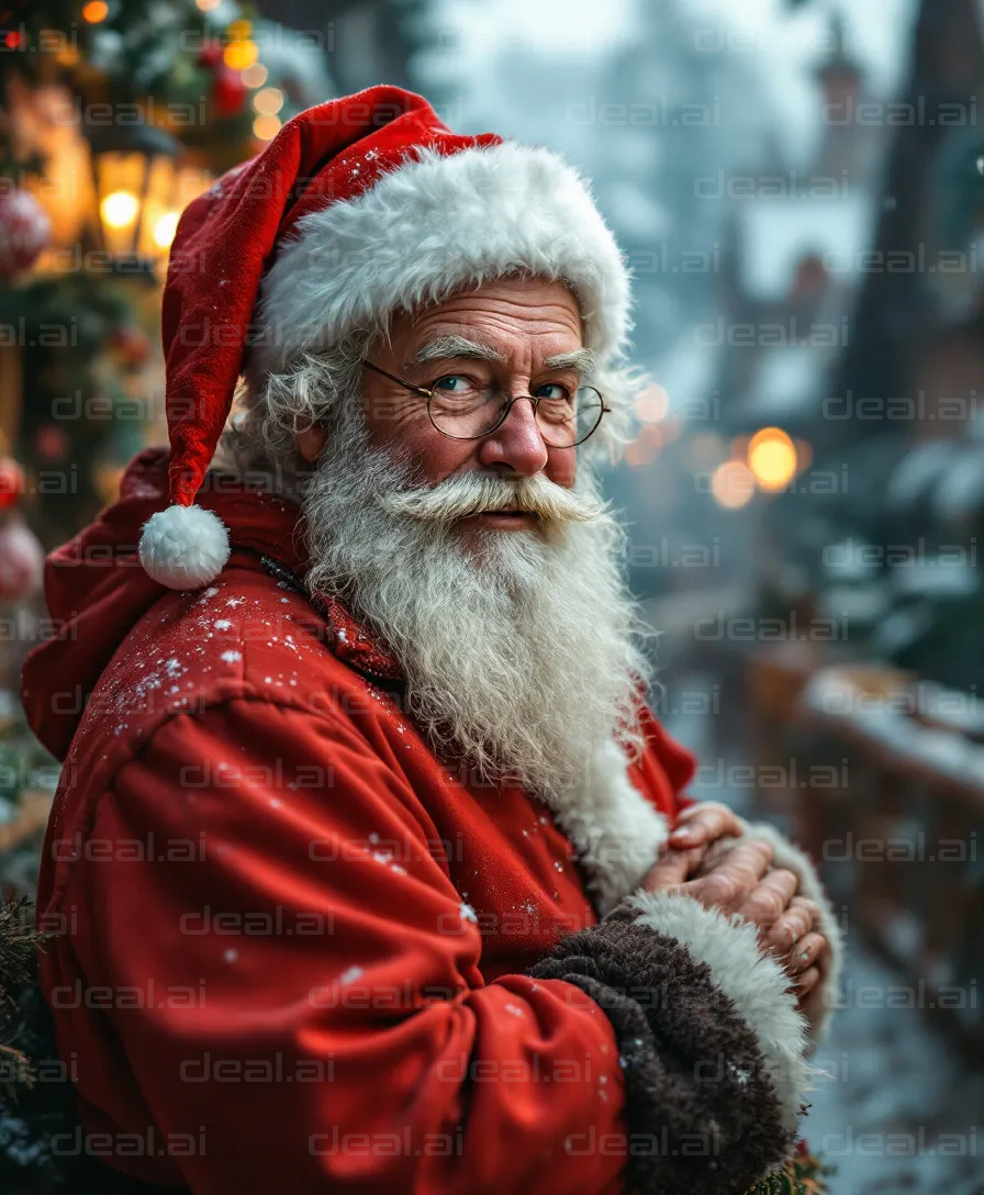 Santa in the Snowy Village Scene