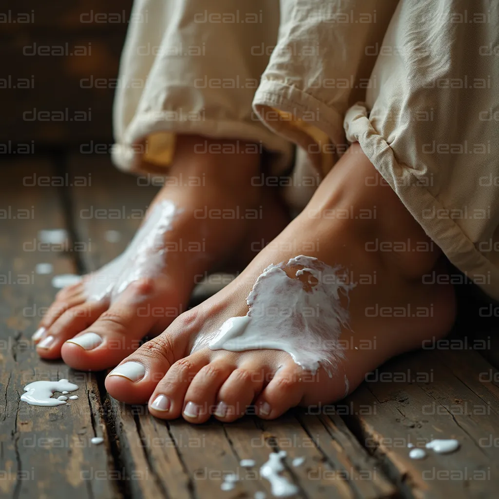 Feet with Cream on Wooden Floor