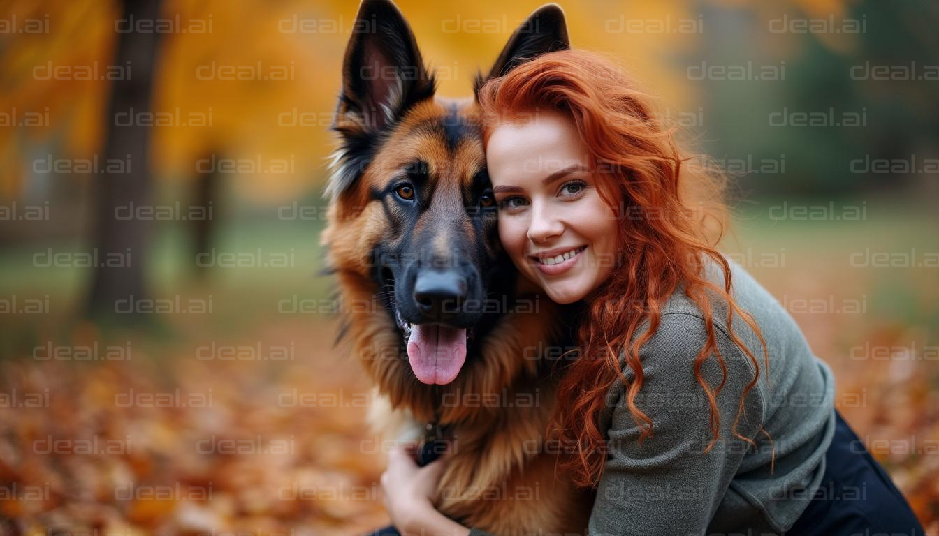 Woman and German Shepherd in Autumn Leaves