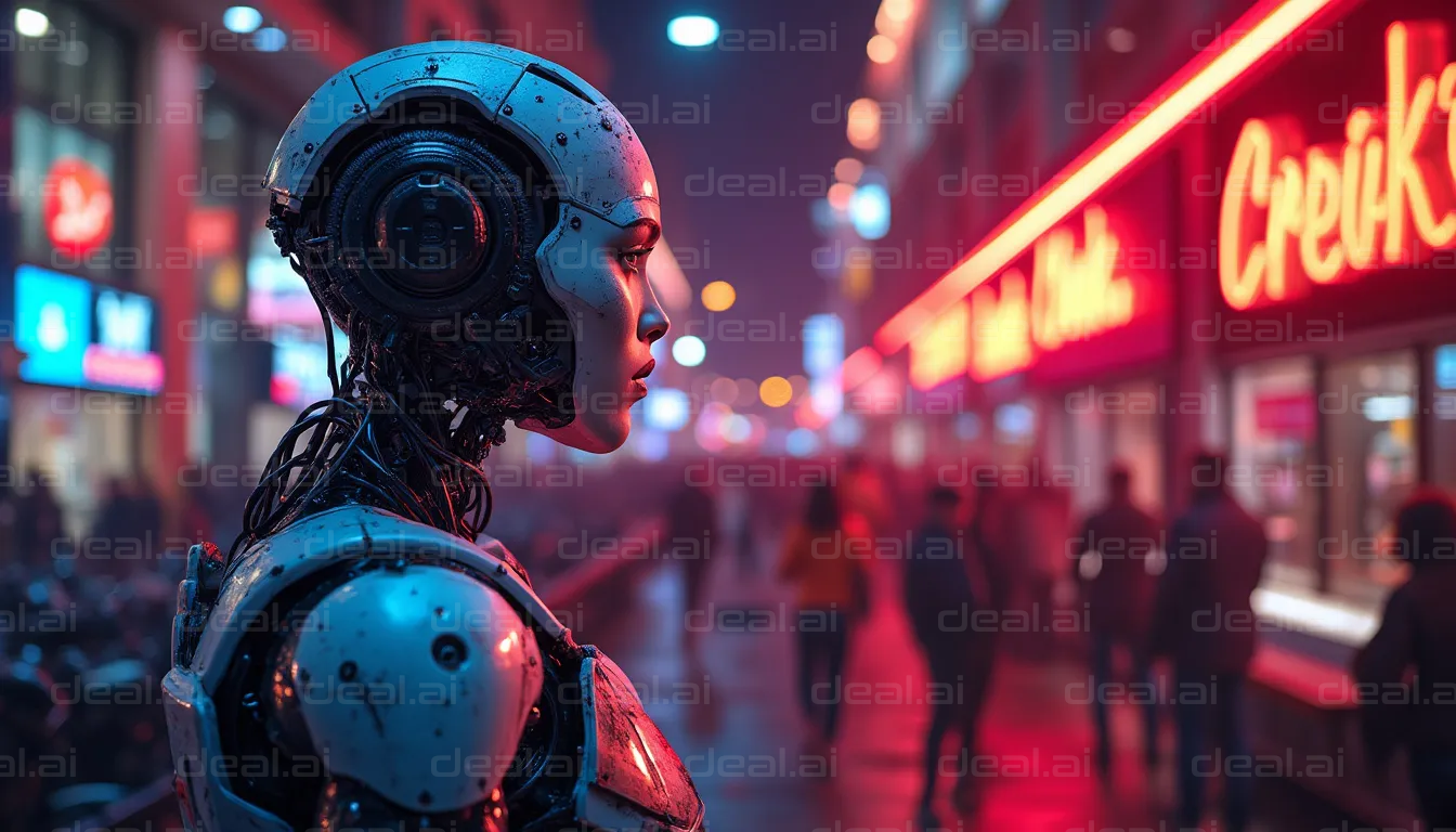 Futuristic Robot in Neon Cityscape