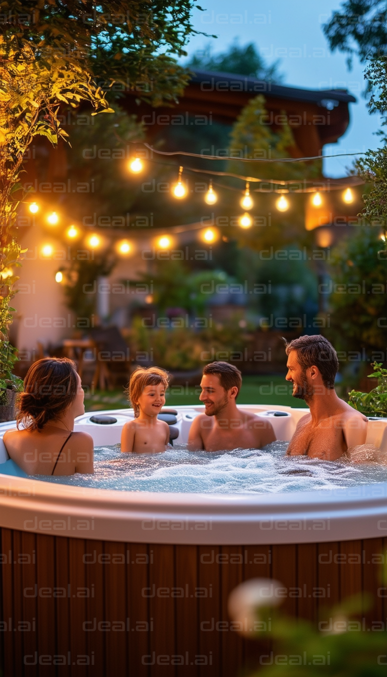 Family Enjoying Hot Tub at Dusk