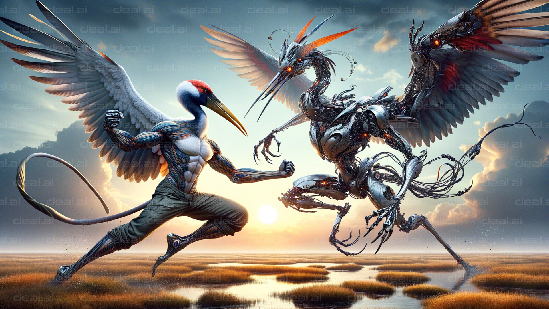 "Epic Showdown: Birdman vs. Robot Crane"