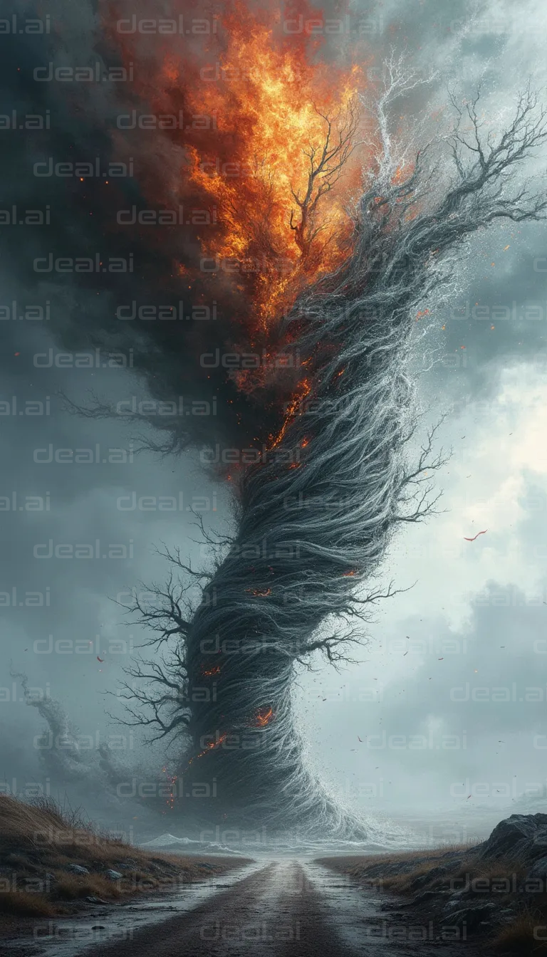 Fiery Tornado in a Stormy Landscape