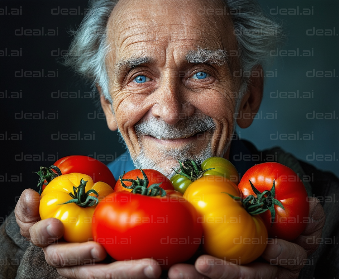 Elderly Man Smiling with Fresh Tomatoes