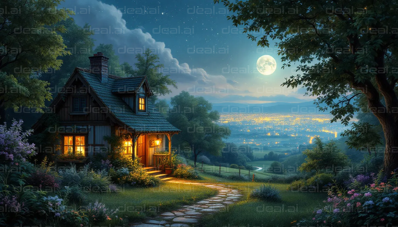 "Moonlit Cottage Overlooking Cityscape"