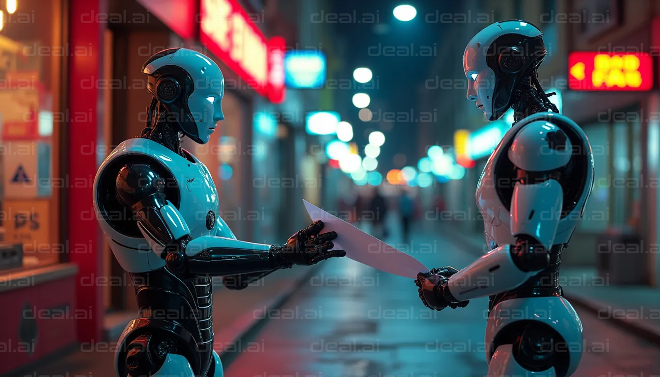 "Robots Exchanging Data in Neon City"