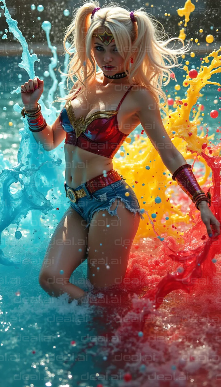 "Superhero Splash in Colorful Water"