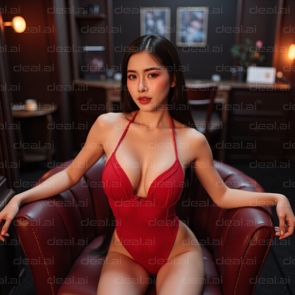 Woman in Red Outfit in Stylish Room