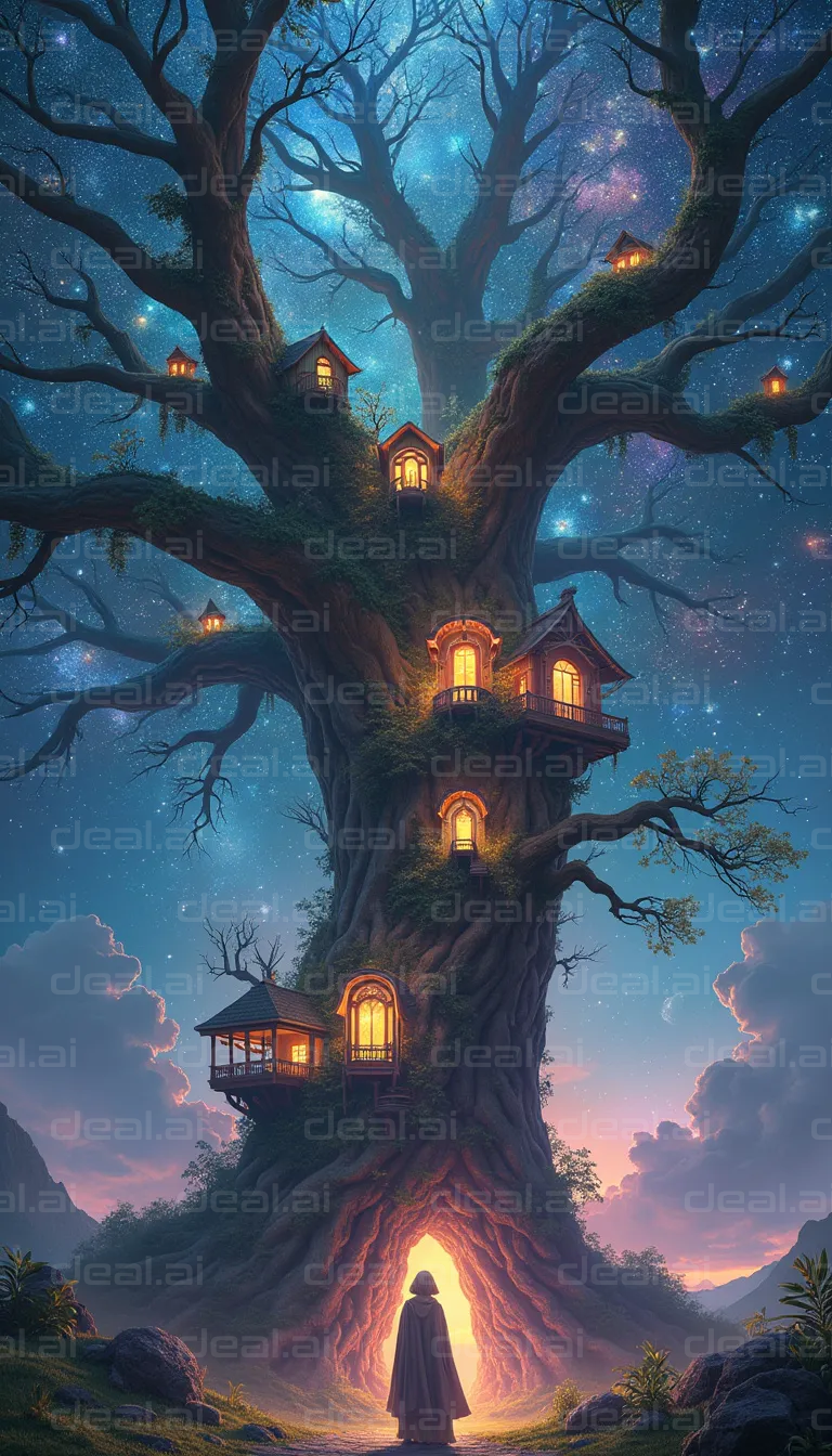 "Magical Treehouse Under Starry Sky"