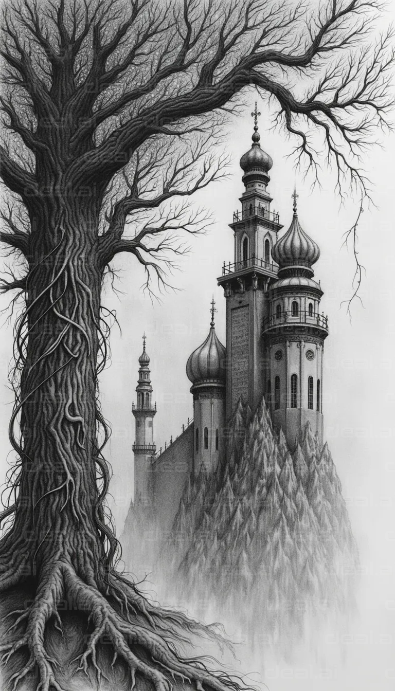 "Mystical Castle and Ancient Tree"