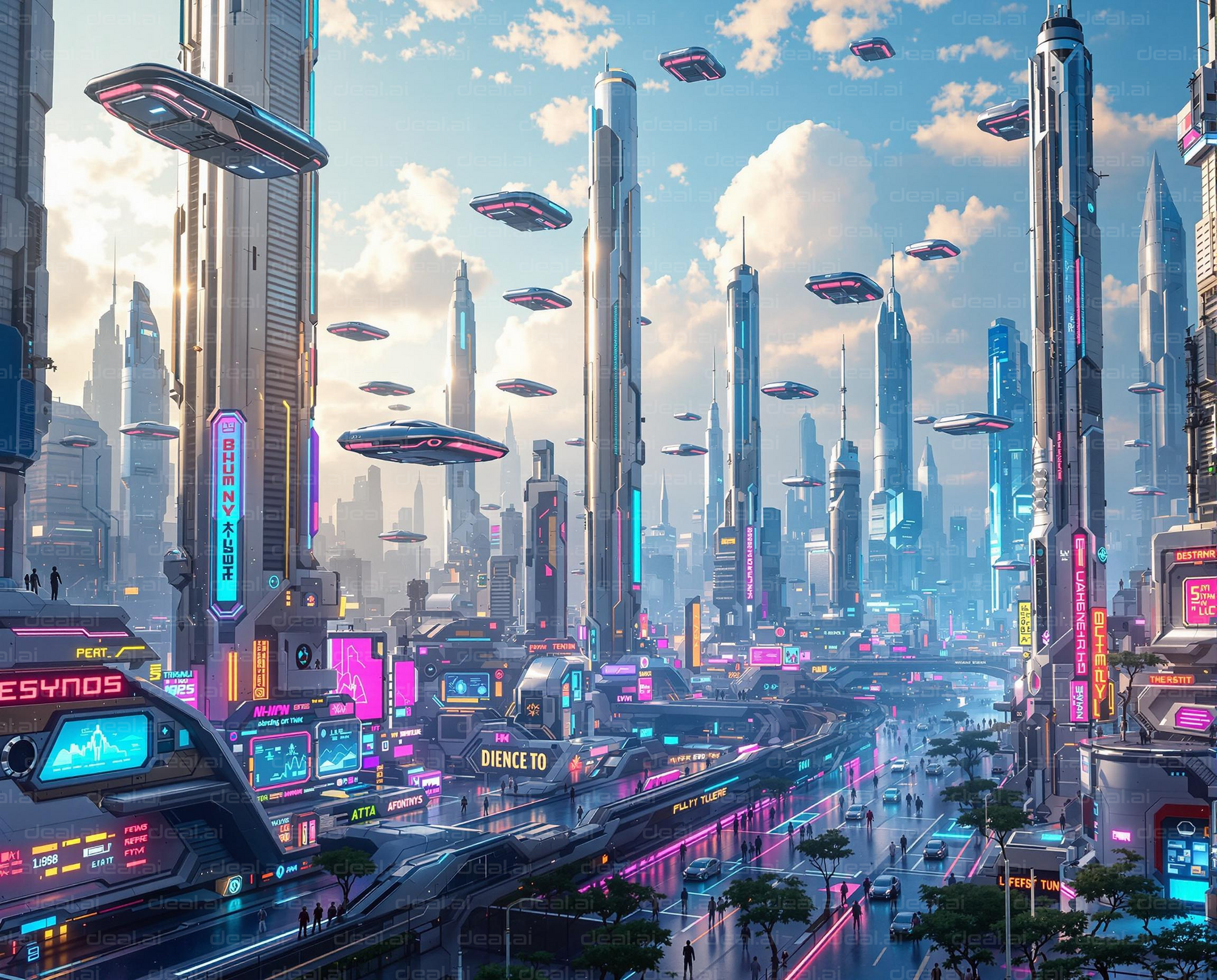 Futuristic Cityscape with Flying Cars