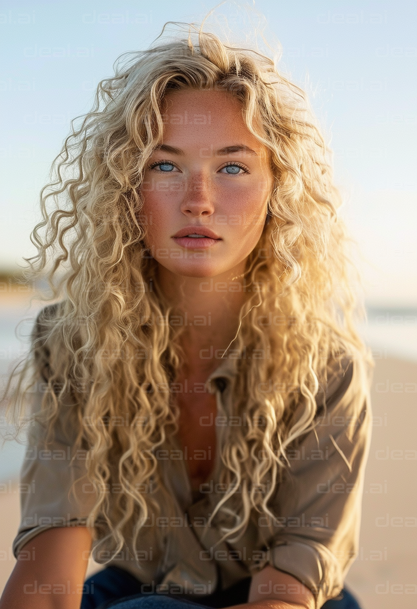 "Sunset Glow Embracing Curly Blonde Hair"