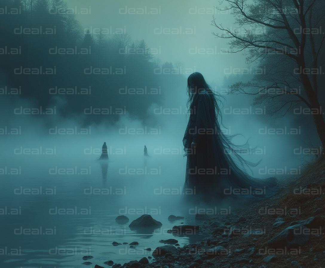 Mysterious Figures in Misty Lakeside