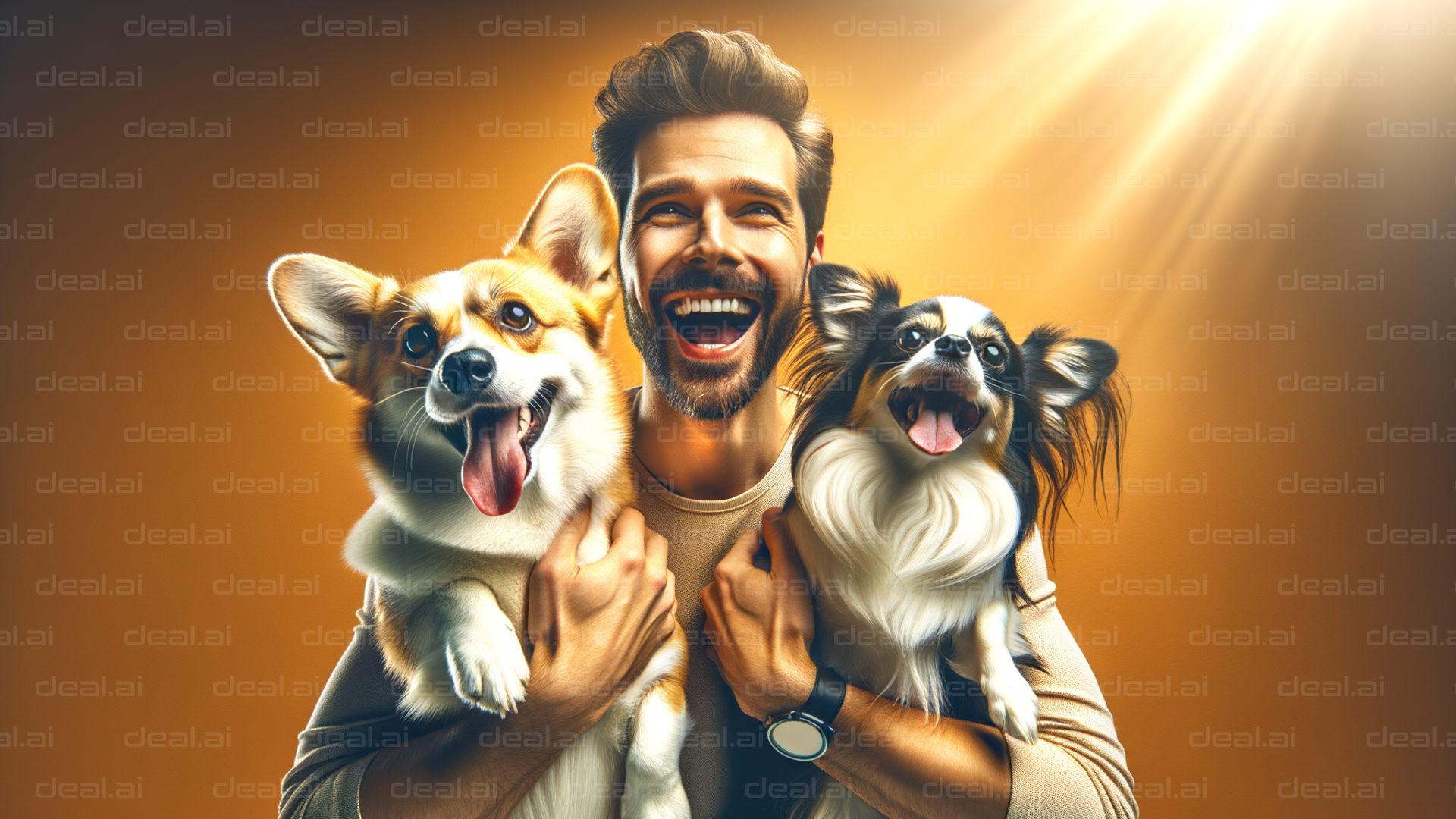 "Joyful Trio: Man and Dogs Smiling"